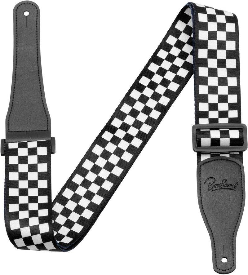BestSounds Guitar Strap, Bass Guitar Strap, Electric and Acoustic Guitar Straps - Durable Nylon Checkered Guitar Shoulder Strap with Leather Ends (Black and White Checkered) - Image 5